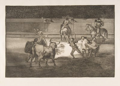 Deska 31 Tauromaquia: Banderillas s petardami., 1816. od Francisco de Goya