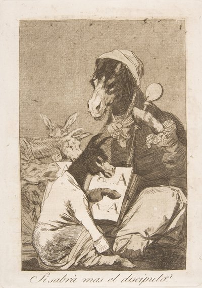 Talíř 37 z Los Caprichos: Možná by žák nevěděl víc Si Sabrá mas el discipulo, 1799. od Francisco de Goya