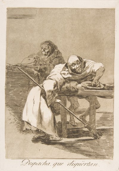 Talíř 78 z Los Caprichos: Pospěšte si, probouzí se Despacha, que dispiértan., 1799. od Francisco de Goya