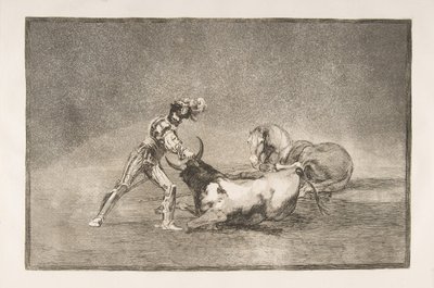 Talíř 9 Tauromaquia: Španělský rytíř zabije býka poté, co ztratil koně., 1816. od Francisco de Goya