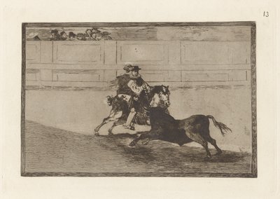 Un caballero espa?ol en plaza quebrando rejoncillos sin auxilio de los chulos (španělský jízdní rytíř v ringu lámající krátké oštěpy bez pomoci asistentů), deska 13 z La tauromaquia od Francisco de Goya