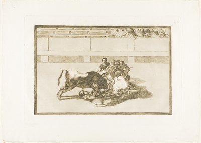 Picador is Unhorsed and Falls under the Bull, deska 26 z The Art of Bullfighting od Francisco Jose de Goya y Lucientes