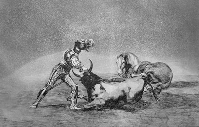 Španělský rytíř zabije býka poté, co přišel o koně, deska 9 v hospodě „Umění býčích zápasů“. 1816 (lept) od Francisco Jose de Goya y Lucientes