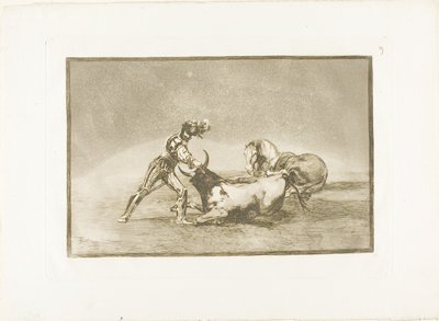Španělský rytíř zabije býka poté, co ztratil svého koně, talíř devět z Umění býčích zápasů od Francisco Jose de Goya y Lucientes