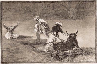 Býčí zápasy: Moors hraje mys s jiným býkem v ohradě od Francisco de Goya