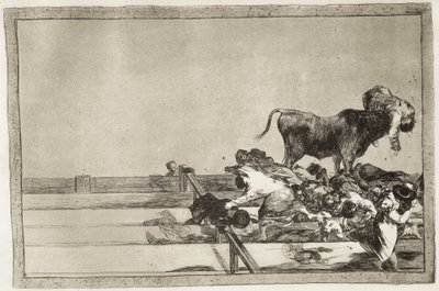 GOYA Y LUCIENTES, Francisco de (1746-1828). Děsivé události v předních řadách ringu v Madridu a smrt starosty Torrejonu v roce 1801. 1816. Deska 21 „Umění býčích zápasů“. Leptání. ŠPANĚLSKO. MADRID (AUTONOMNÍ KOMUNITA). Madrid. Národní od Francisco Jose de Goya y Lucientes