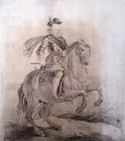 GOYA Y LUCIENTES, Francisco de (1746-1828). Jezdecký portrét španělského Filipa III. 1778. FILIP III. Španělský (1578-1621). Španělský král (1598-1621). Kreslení kopií Velazquezových obrazů. Barokní umění. Výkres. ŠPANĚLSKO. MADRID (AUTONOMNÍ KOMUNITA). Ší od Francisco Jose de Goya y Lucientes