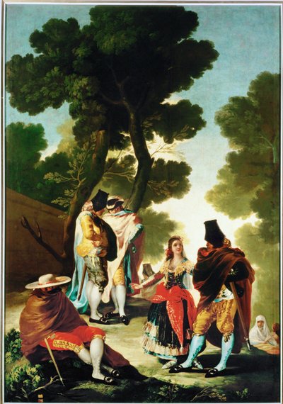 La maja y los Embozados - Mája a muži v pláštích, karikatura pro gobelín 40-06-09/42 ... (malba na plátně) od Francisco Jose de Goya y Lucientes