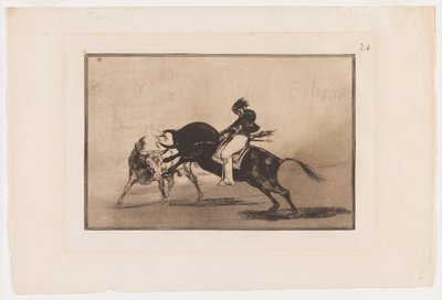 Talíř 24 z La Tauromaquia: Totéž Ceballos nasazený na další býčí přestávky Short Spears v ringu v Madridu od Francisco Jose de Goya y Lucientes