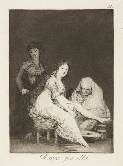 Modli se za ni (She prays for her), deska č. 31 ze sbírky Los Caprichos od Francisco Jose de Goya y Lucientes
