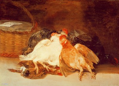 Zátiší s mrtvými kuřaty a proutěným košem (olej na plátně) od Francisco de Goya