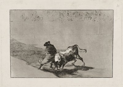 Chytrý „Student of Falces“ rozzuří býka tím, že se pohybuje zabalený ve svém plášti, talíř 14 od Francisco de Goya