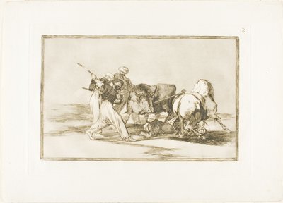 Maurové se usadili ve Španělsku, vzdali se pověr z Koránu, přijali toto umění lovu a napíchli býka pod širým nebem, deska tři z The Art of Bullfighting od Francisco Jose de Goya y Lucientes