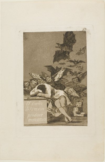 The Sleep of Reason Produkuje Monsters, deska 43 z Los Caprichos od Francisco Jose de Goya y Lucientes