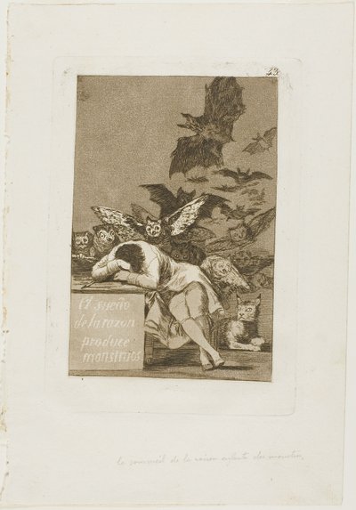 The Sleep of Reason Produkuje Monsters, deska 43 z Los Caprichos od Francisco Jose de Goya y Lucientes