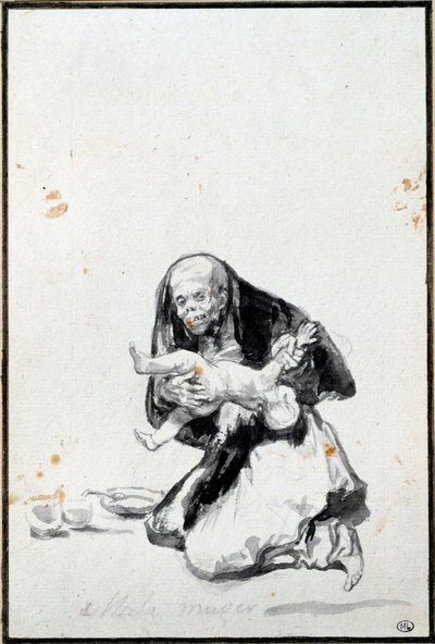 Špatná žena (Mala mujer). Ta zlá žena. Antropofágní scéna, čarodějnice požírá dítě. Gray wash od Francisco Goya y Lucientes (1746-1828) Sun. 0,21x0,14 m Paříž, musee du Louvre od Francisco de Goya