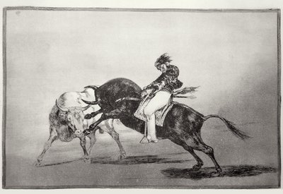 Tentýž Mariano Ceballos na býkovi láme krátké oštěpy v ringu v Madridu, deska 24 hospody „Umění býčích zápasů“. 1816 (lept) od Francisco Jose de Goya y Lucientes