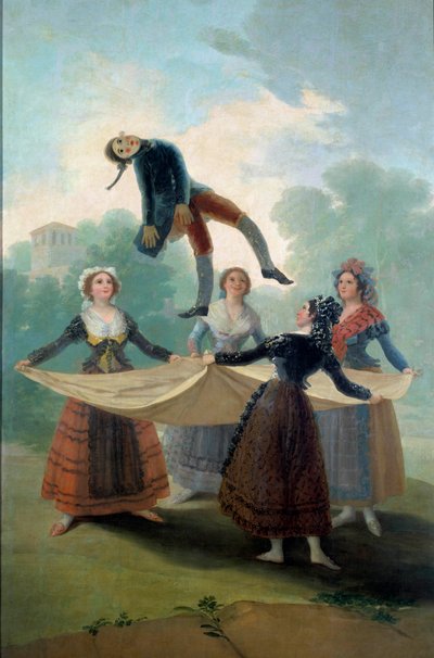 Mladé ženy loutka hází do vzduchu hadrová panenka. Obraz Francisco de Goya (1746-1828) 1792, Sun. 1,6x2,67 m Madrid, Musee du Prado - Loutka. Mladé dívky zvrací hadrovou panenku s prostěradlem. Obraz Francisco de Goya (1746-1828 od Francisco de Goya