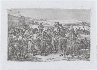 Talíř 14: velká skupina lidí venku, možná skupina herců, ze série o..., 1850. od Francisco Lameyer Berenguer