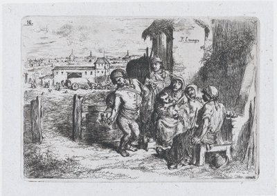 Talíř 16: skupina lidí venku, včetně muže nalévajícího víno nebo vodu z nádoby ..., 1850. od Francisco Lameyer Berenguer