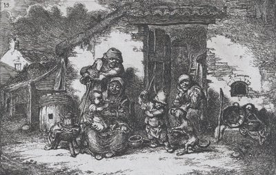 Talíř 19: rodina a chlapec si hrají se psem před domem, ze série Custom..., 1850. od Francisco Lameyer Berenguer