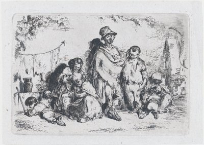 Talíř 2: skupina lidí na ulici, možná žebráci, ze série celnice a..., 1850. od Francisco Lameyer Berenguer