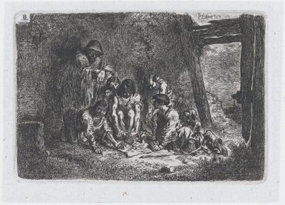 Talíř 8: skupina postav, z nichž některé hrají hru, ze série zvyků a..., 1850. od Francisco Lameyer Berenguer