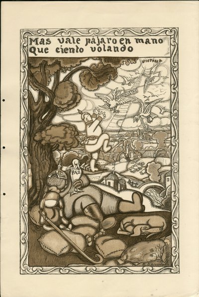 Ilustrace Francisco Sancha Lengo (1874-1936) - Flying Leaf, ca. 1915 – Větší hodnota ptáka v ruce než sto let – Válka 14-18, Německo Prusko, Bojovníci a symboly, Vítězství, Mír, Španělský jazyk, Zahraniční tisk od Francisco Sancha y Lengo