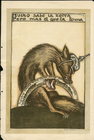 Ilustrace Francisco Sancha Lengo (1874-1936) - létající list, ca. 1915 - Mucho sabe la zorra pero mal el que la toma - Válka 14-18, Německo Prusko, Bojovníci a symboly, Spojenci, Španělský jazyk, Zahraniční tisk - Fox -, Obstrukce, Animace od Francisco Sancha y Lengo