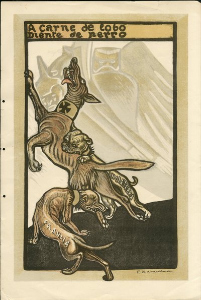 Ilustrace Francisco Sancha Lengo (1874-1936) - Létající list, cca 1915 - A carne de lobo diente de perro - Válka 14-18, Německo Prusko, Anglie Velká Británie, Belligerants a symboly, Francie, Španělský jazyk, Zahraniční tisk - Vilém II., Pes, Hid od Francisco Sancha y Lengo
