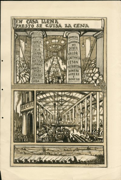 Ilustrace Francisco Sancha Lengo (1874-1936) - Létající list, cca 1915 - En casa llena presto se guisa la cena - Válka 14-18, děla, střely, průmyslové továrny, španělský jazyk, mobilizace, zahraniční tisk od Francisco Sancha y Lengo