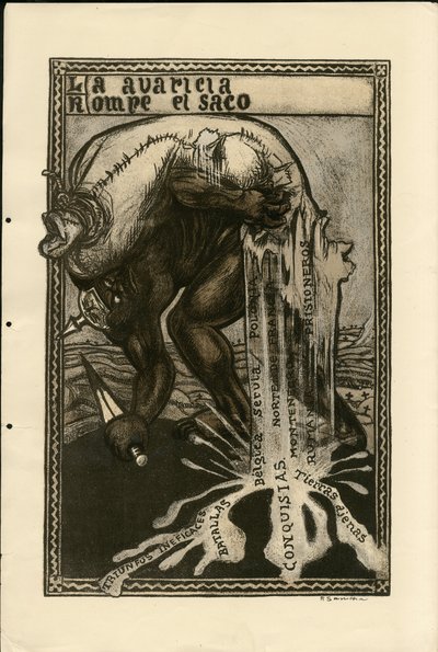 Ilustrace Francisco Sancha Lengo (1874-1936) - Letící list, kolem roku 1915 - Válka 14-18, Německo Prusko, Stříbro, Válčící strany a symboly, španělština, zahraniční tisk od Francisco Sancha y Lengo