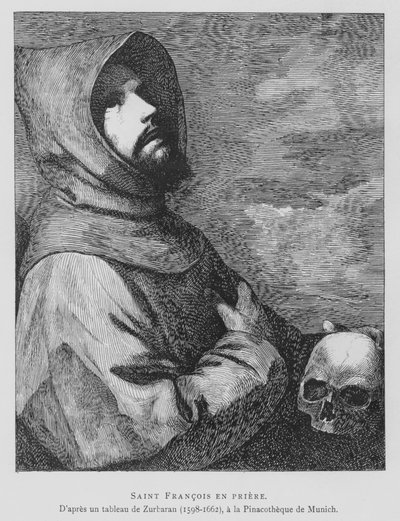 Svatý František z Assisi v modlitbě (litho) od Francisco de (after) Zurbaran