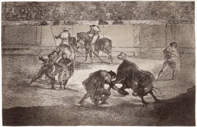 Býčí zápasy: toreador vstoupí do arény, aby zabil býka s kloboukem místo mulety od Francisco de Goya