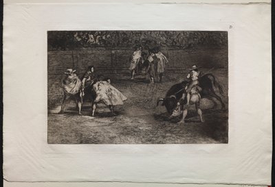 Býčí zápasy: Toreador nasazený na ramena asistenta, kopí býka od Francisco de Goya