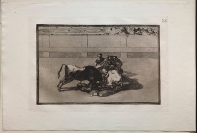 Býčí zápasy: Picador je bez koně a spadne pod býka od Francisco de Goya