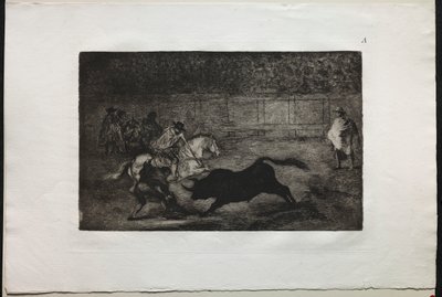 Býčí zápasy: Španělský jízdní rytíř lámající krátké oštěpy s pomocí asistentů od Francisco de Goya