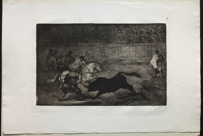 Býčí zápasy: Španělský jízdní rytíř lámající krátké oštěpy s pomocí asistentů, 1876. od Francisco de Goya