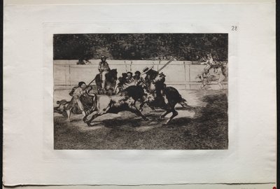Býčí zápasy: Silný Rendon bodne býka s Piquem, z kterého průsmyku zemřel v ringu v Madridu od Francisco de Goya
