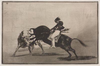 Býčí zápasy: Stejný ceballos nasazený na jiného býka láme krátké oštěpy v ringu v Madridu od Francisco de Goya