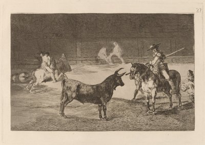 Slavný Fernando del Toro, barilarguero, nutící bestii svou tyčí (Slavný Picador, Fernando del Toro, přitahuje divokou bestii svým Piquem) od Francisco de Goya