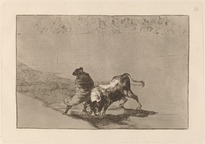 Velmi zručný student klamu, zabalený do pláště, oklame býka hrou svého těla od Francisco de Goya