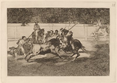 Nucený Rendon kousající býka, jehož osudu zemřel na madridském náměstí (The Forceful Rendon Bodl Bull with the Pique, from which Pass He Died in the Ring at Madrid) od Francisco de Goya