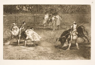 Toreador, sedící na ramenou asistenta, zablokuje býka od Francisco de Goya