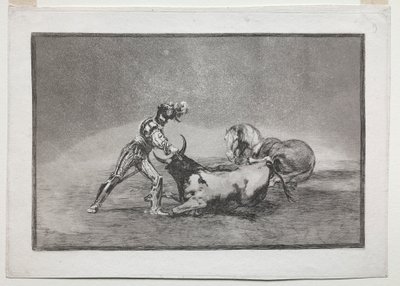 La Tauramaquia: Španělský rytíř zabil býka poté, co ztratil koně, 1815-1816. od Francisco de Goya