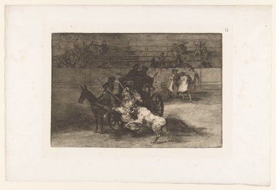 Muži útočí na býka z kočáru Combat dans une voiture attelée de deux mulets Býčí zápasy (název série) La Taureaumachie (název série) La Tauromaquia (název série) od Francisco de Goya