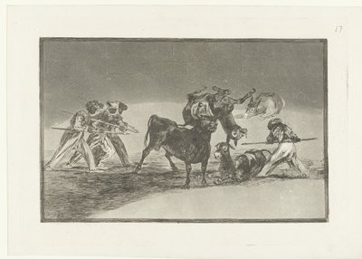 Maurové a osli bojující s býkem Palenque de los Moros hecho con burros para defence del toro embolado La Tauromaquia (název série) Býčí zápasy (název seriálu) od Francisco de Goya