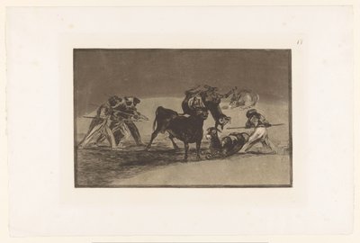 Maurové a osli bojující s býkem Palenque de los Moros hecho con burros para defence del toro embolado Býčí zápasy (název série) La Taureaumachie (název série) La Tauromaquia (název série) od Francisco de Goya