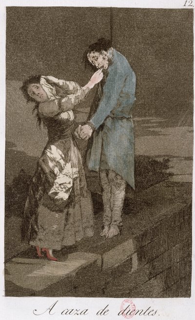 Hon na zuby, deska 12 „Los caprichos“, konec 18. století (barevný lept) (viz také 81631) od Francisco de Goya
