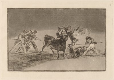Palenque de los moros hecho con burros para defencese del toro embolado (Muři používají osly jako bariéru k obraně proti býkovi, jehož rohy byly nakloněny koulemi) od Francisco de Goya